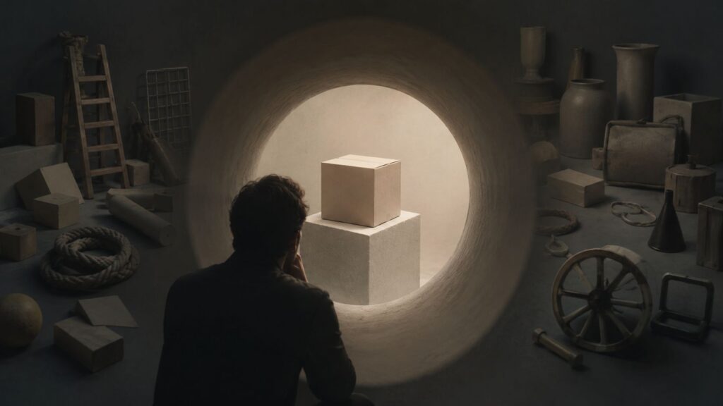 Symbolic image of tunnel vision showing a person focused on a single box while surrounding objects fade into the background, representing functional fixedness