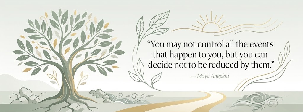 Maya Angelou quote about not being reduced by events, shown in a sage green inspirational graphic about staying unbothered and resilient.