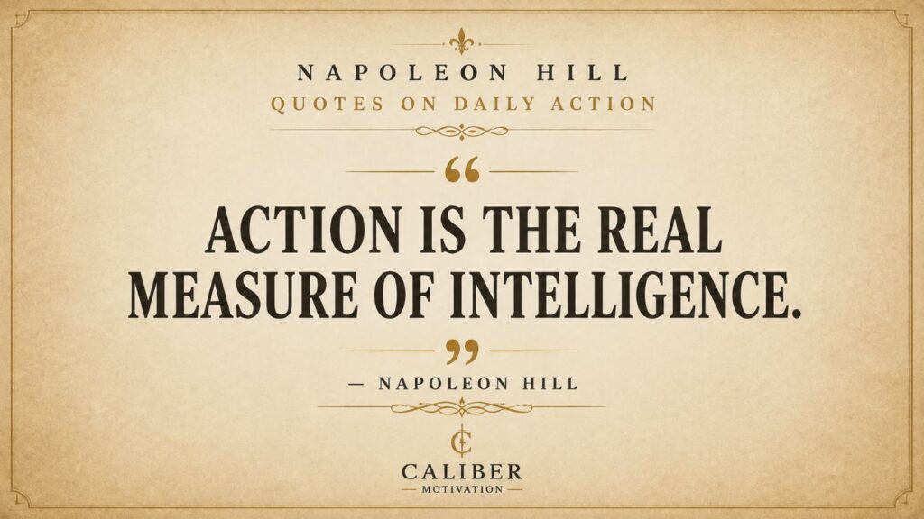 Napoleon Hill action quote infographic in cream and dark brown featuring the quote Action is the real measure of intelligence