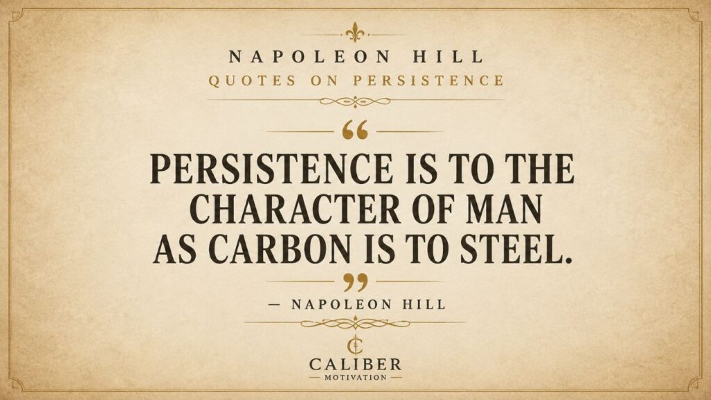 Napoleon Hill persistence quote infographic in cream and dark brown featuring the quote Persistence is to the character of man as carbon is to steel