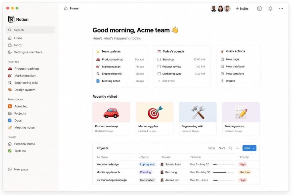 Notion AI workspace showing AI-powered project management, task organization, and collaboration for entrepreneurs