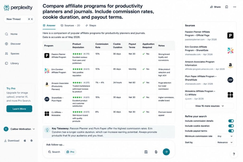 Perplexity for entrepreneurs comparing affiliate programs, commission rates, cookie duration, and payout terms