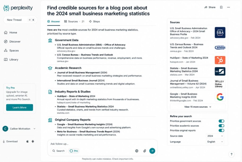 Perplexity for entrepreneurs finding credible sources for blog posts and business research
