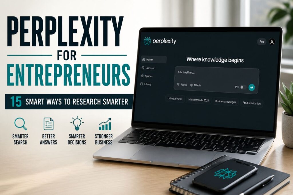 Perplexity for entrepreneurs showing 15 smart ways to research smarter