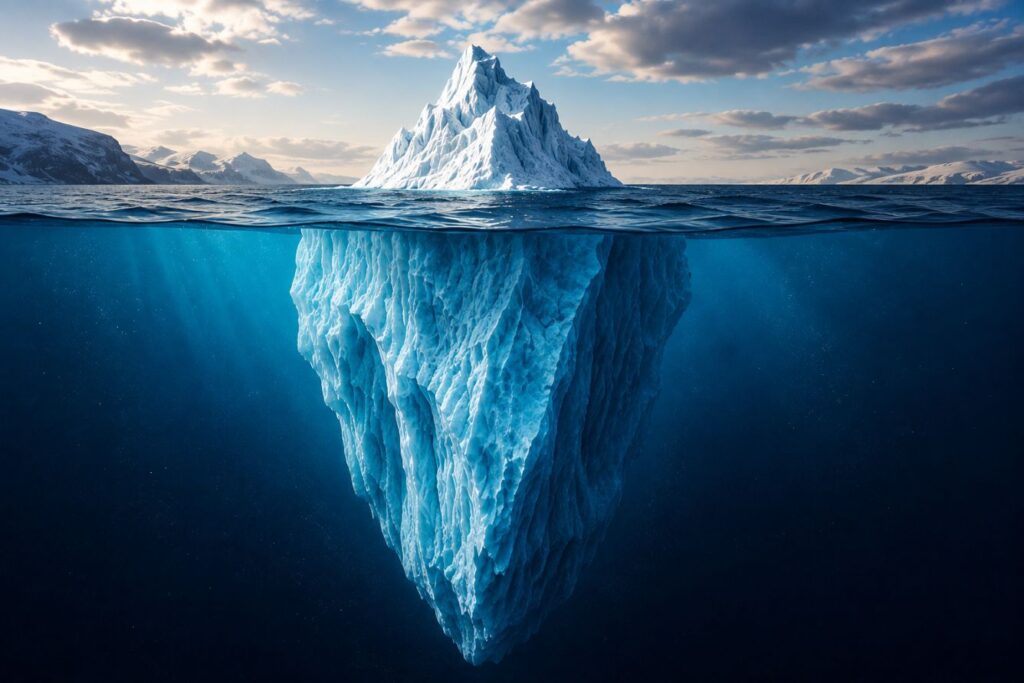 Iceberg showing the hidden costs and price of success beneath the surface