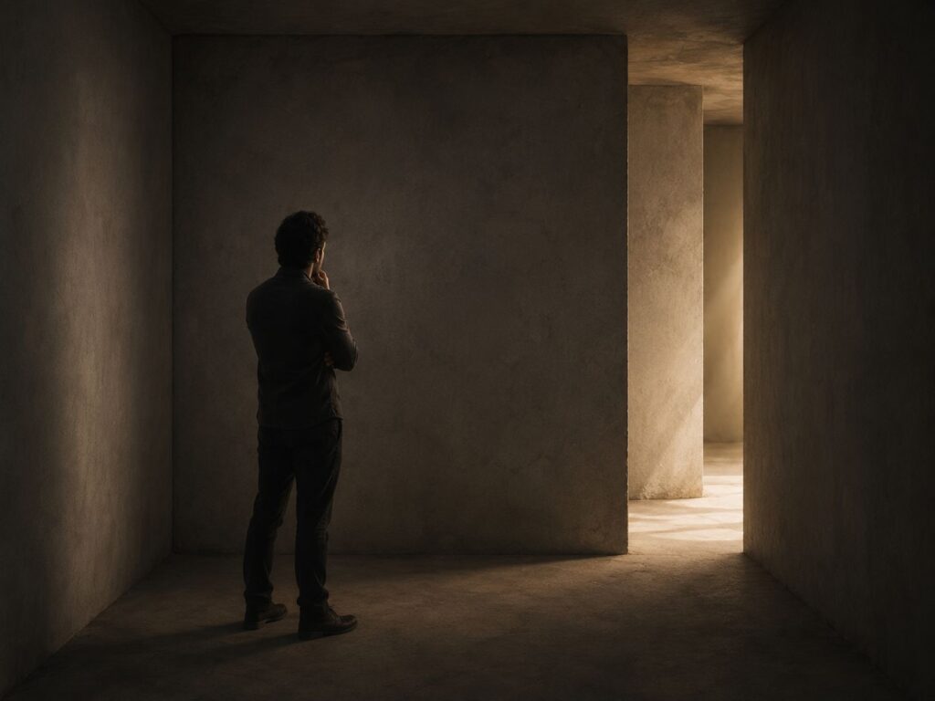 Symbolic image of a person facing a dead end while a hidden path opens from a different angle, representing reframing a problem and seeing new possibilities