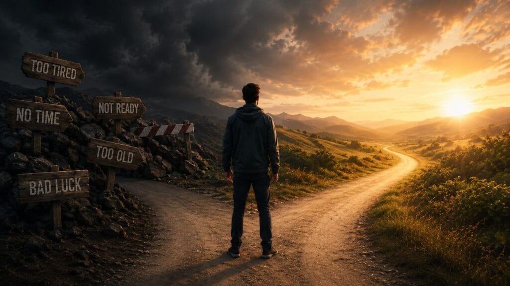 Stop making excuses concept image showing a person at a crossroads facing excuses like no time, too tired, not ready, too old, and bad luck