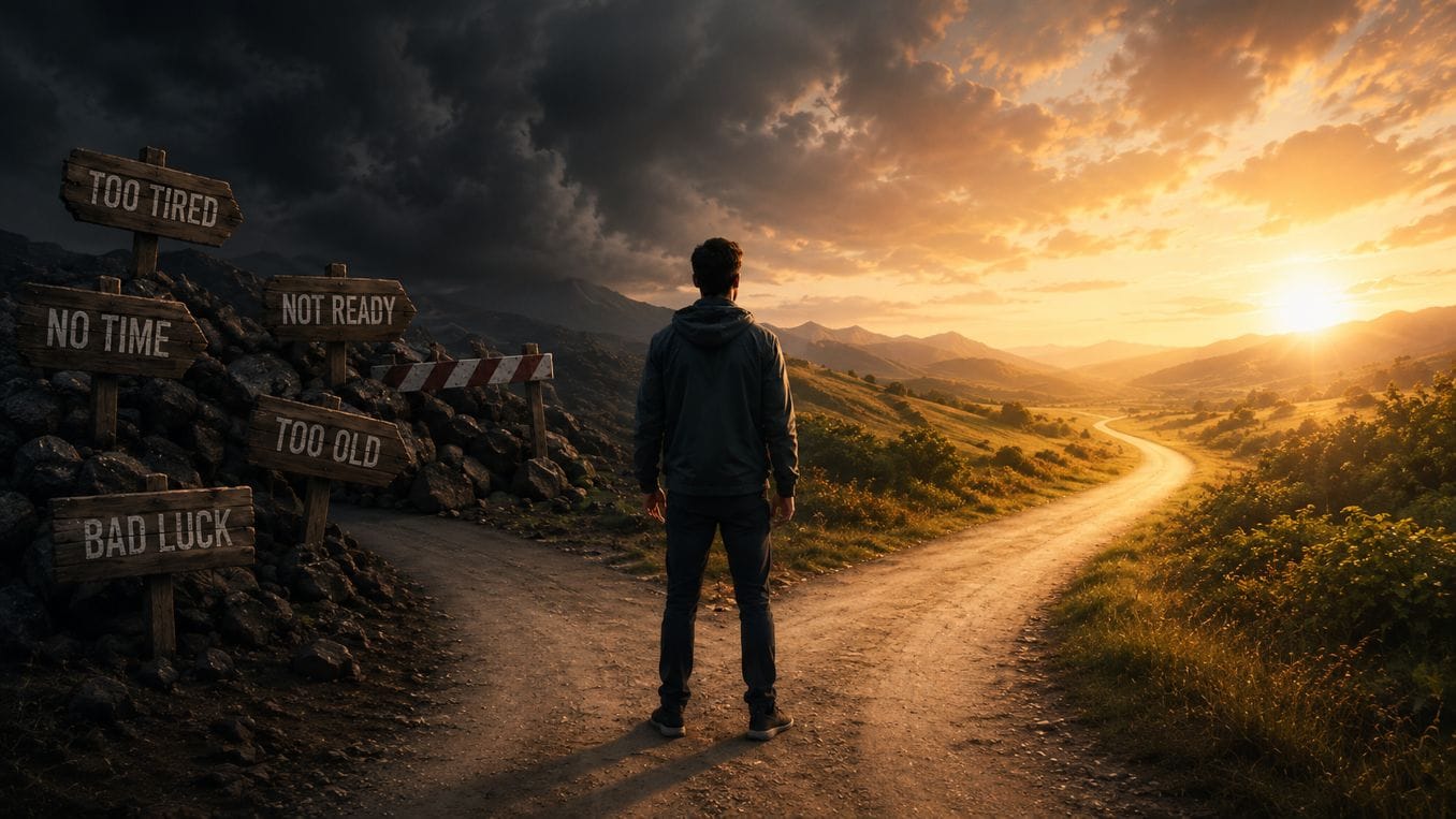 Stop making excuses concept image showing a person at a crossroads facing excuses like no time, too tired, not ready, too old, and bad luck