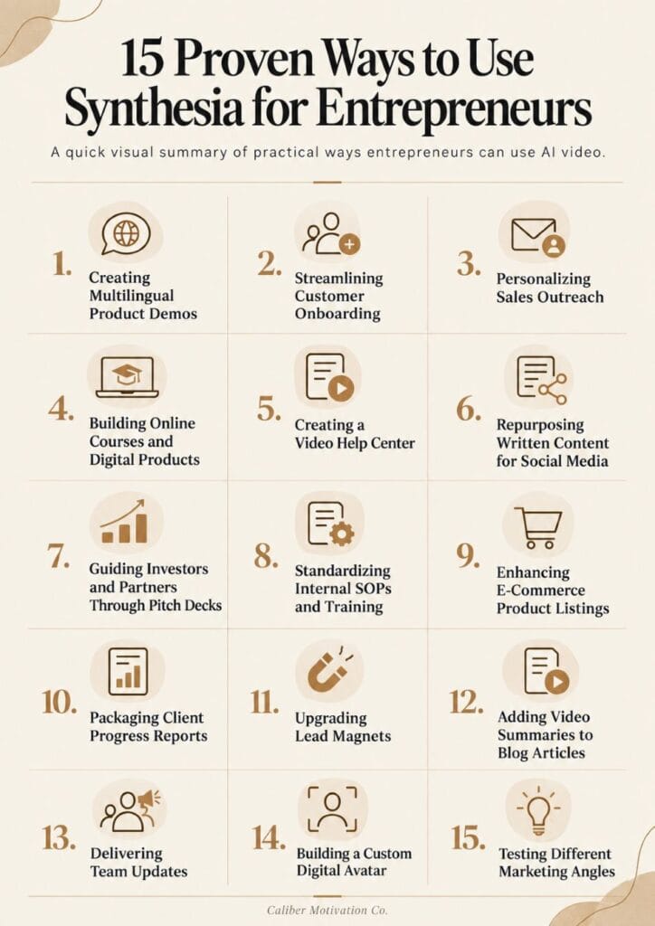 Infographic showing 15 proven ways to use Synthesia for entrepreneurs, including training, sales outreach, online courses, social media, and AI video creation.