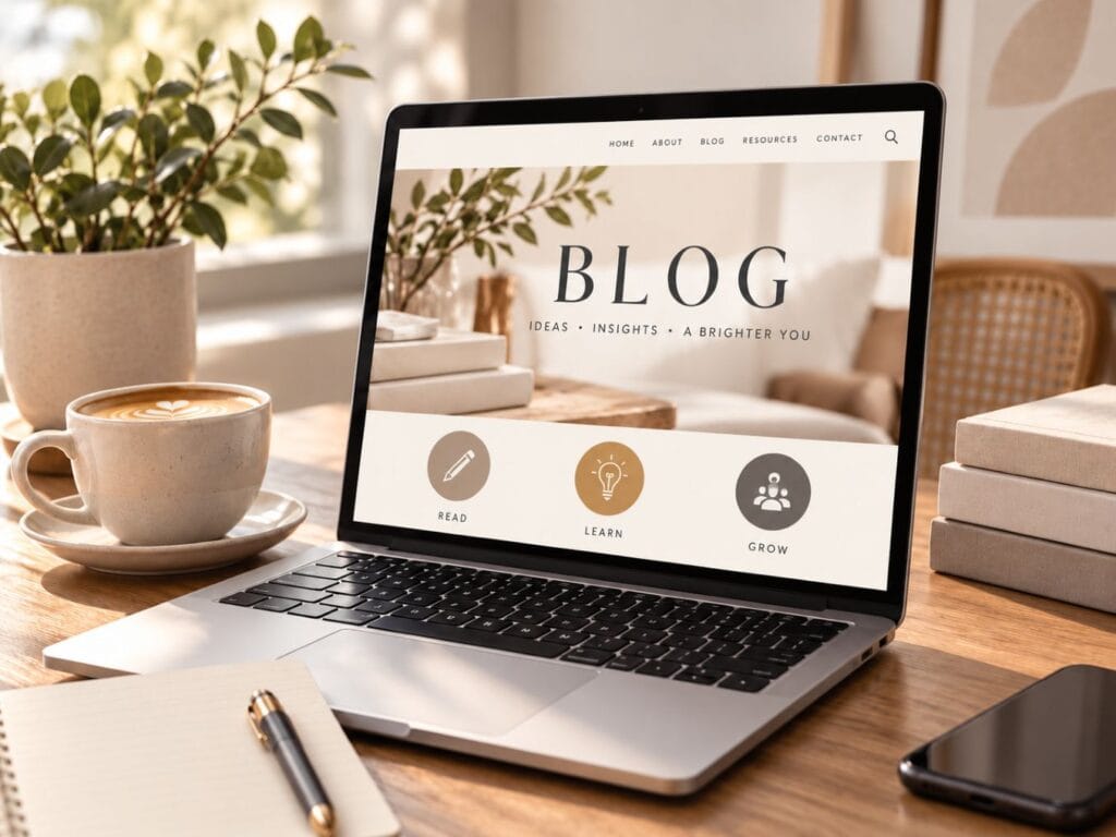 Laptop on a desk displaying a blog page, representing blog formatting and publishing services