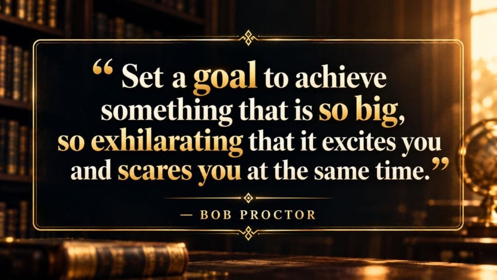 Bob Proctor quote infographic about setting a goal so big and exhilarating that it excites and scares you at the same time