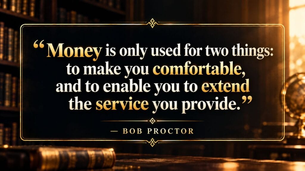Bob Proctor quote infographic about money being used to create comfort and extend the service you provide