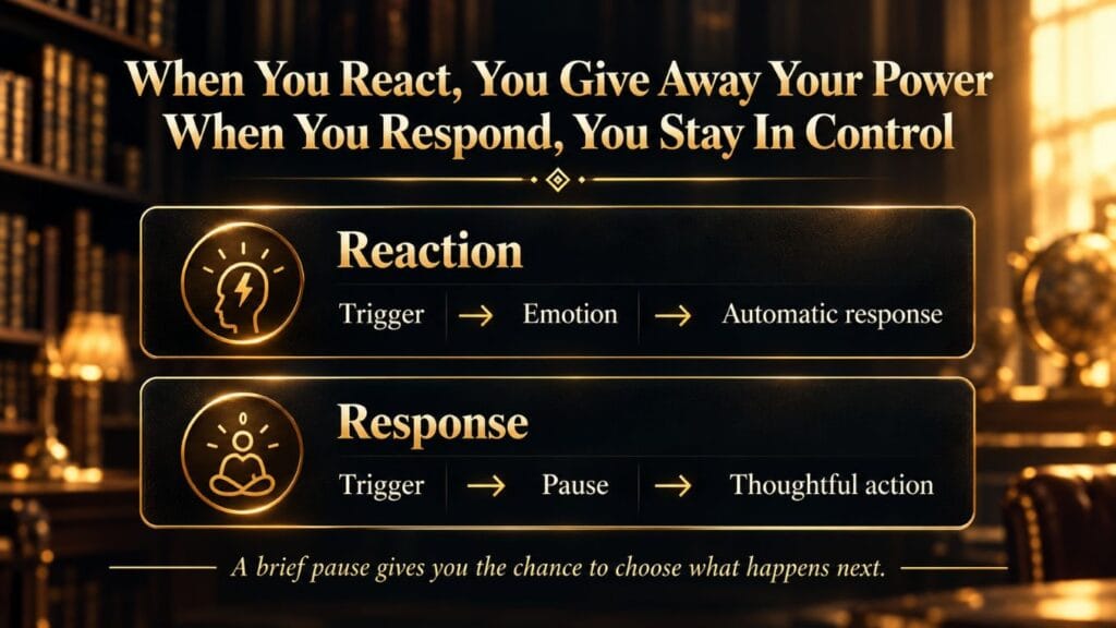 Bob Proctor infographic comparing reaction and response with a pause before thoughtful action