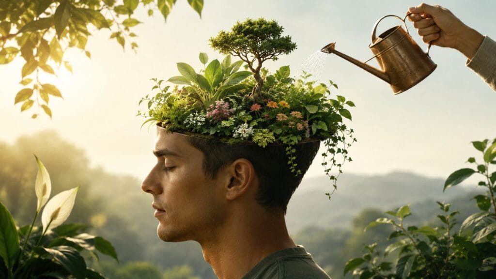 Build mental discipline concept image showing a human mind sprouting into a garden with a watering can