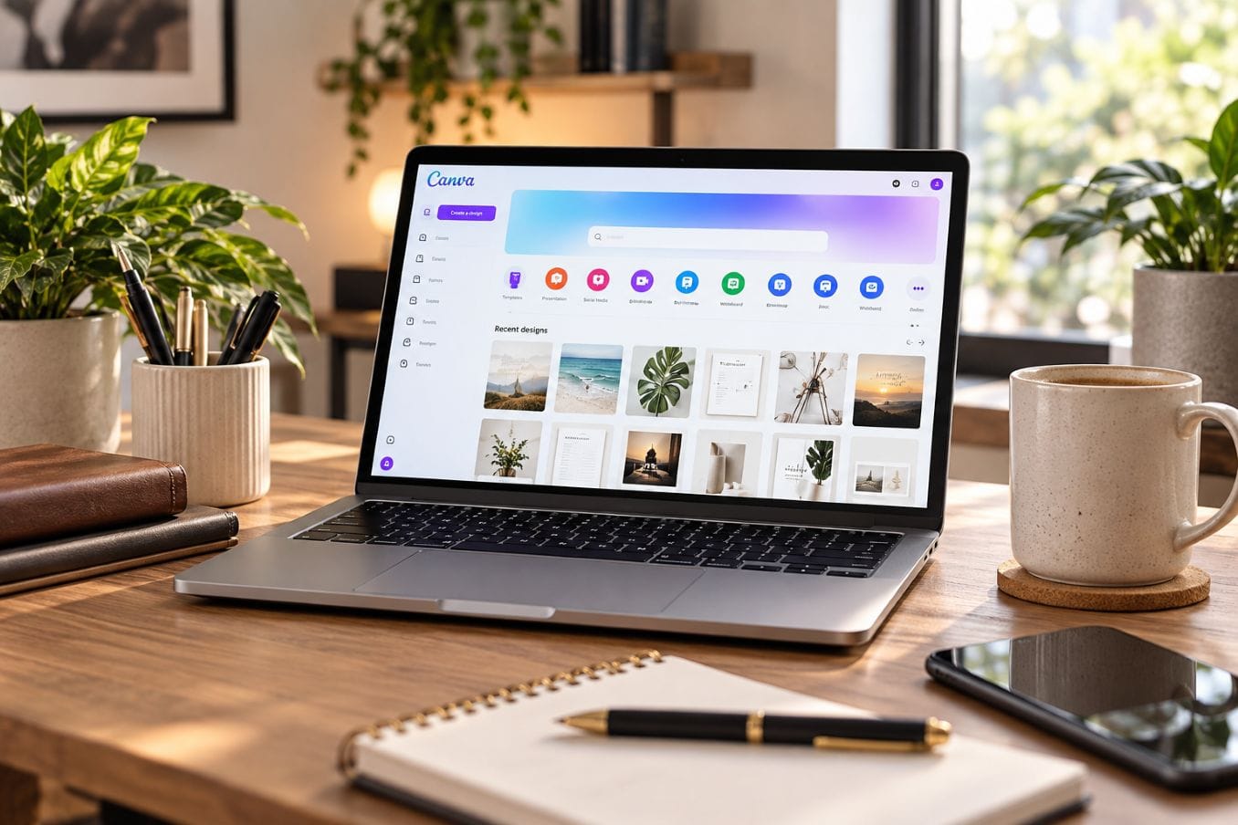 Canva for entrepreneurs shown on a laptop in a clean home office workspace