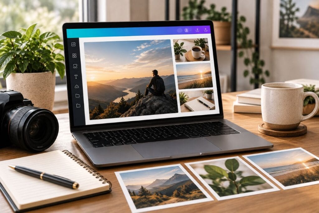 Canva for entrepreneurs workspace showing featured image and thumbnail designs on a laptop with photography tools and sample images.