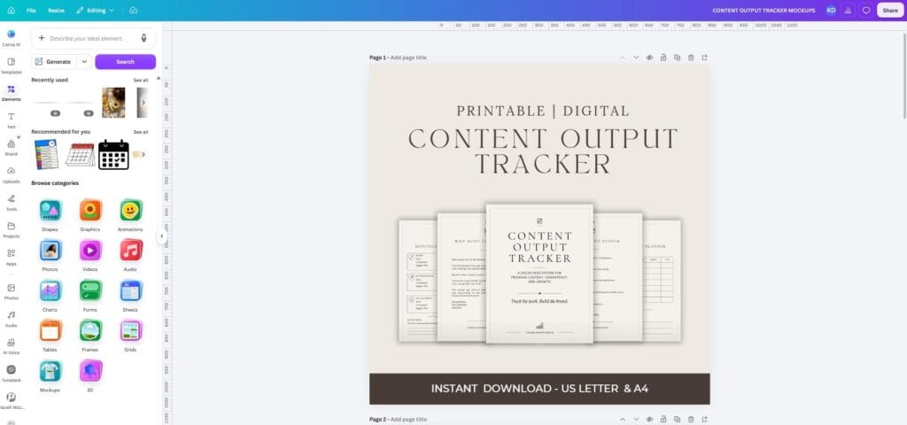 Canva for entrepreneurs product mockup showing a digital Content Output Tracker design with printable pages in the Canva editor.