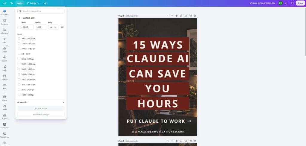 Canva for entrepreneurs design being resized for Pinterest in Canva to repurpose one graphic across several platforms.
