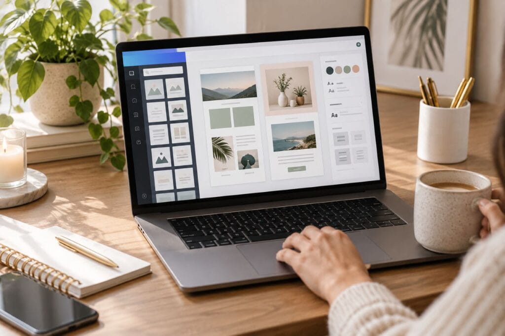 Canva for entrepreneurs email graphic templates displayed on a laptop for creating reusable branded email visuals.