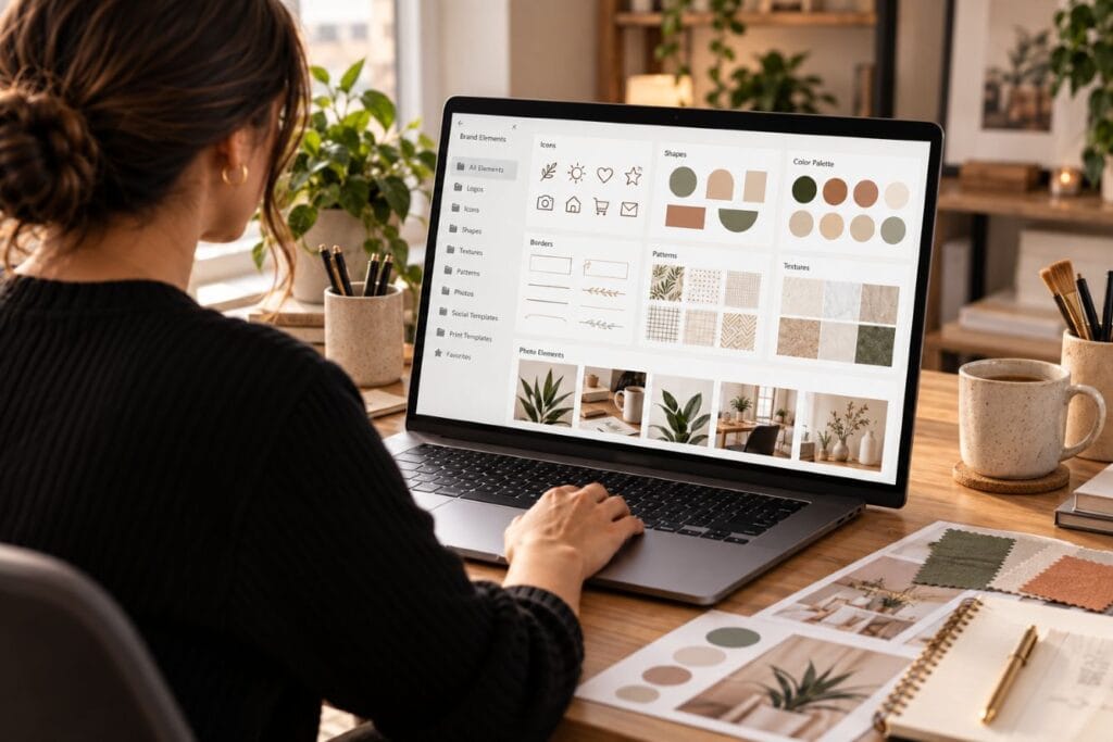 Canva for entrepreneurs visual element library with reusable icons, shapes, textures, colors, and photo styles organized on a laptop.