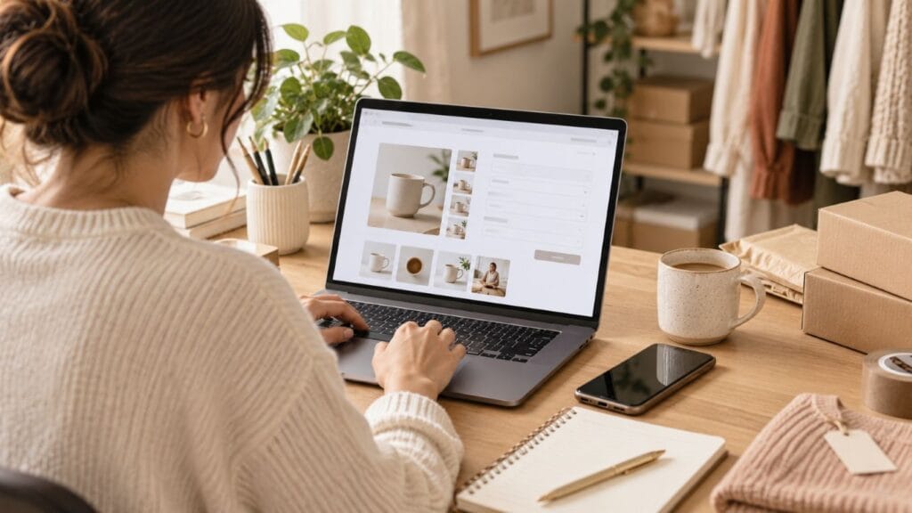 Small business owner updating ecommerce product listings on a laptop at a home workspace
