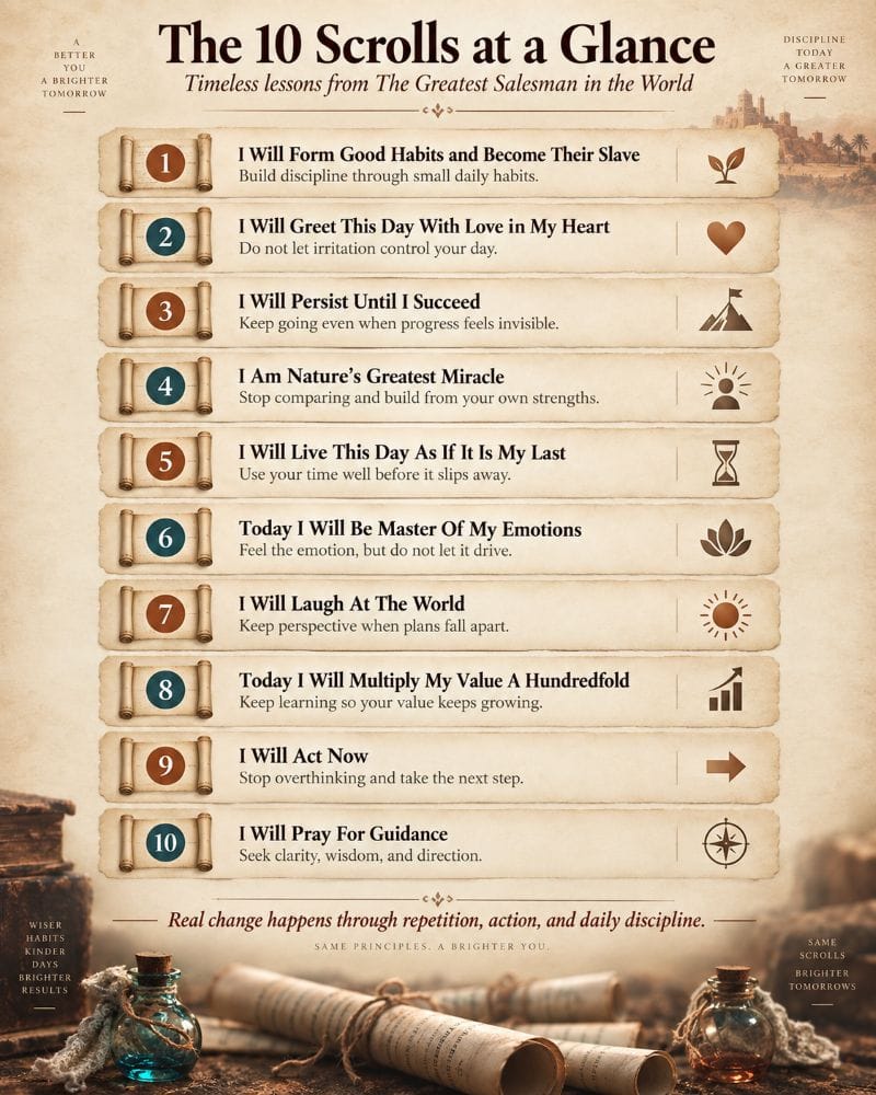 Infographic summarizing The 10 Scrolls at a Glance from Og Mandino's The Greatest Salesman in the World, outlining daily discipline, habits, and execution steps.