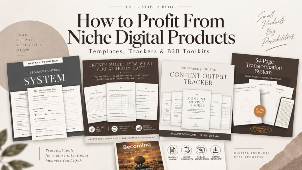 Featured image for How to Profit From Niche Digital Products showing printable templates, trackers, and digital product mockups for business growth.