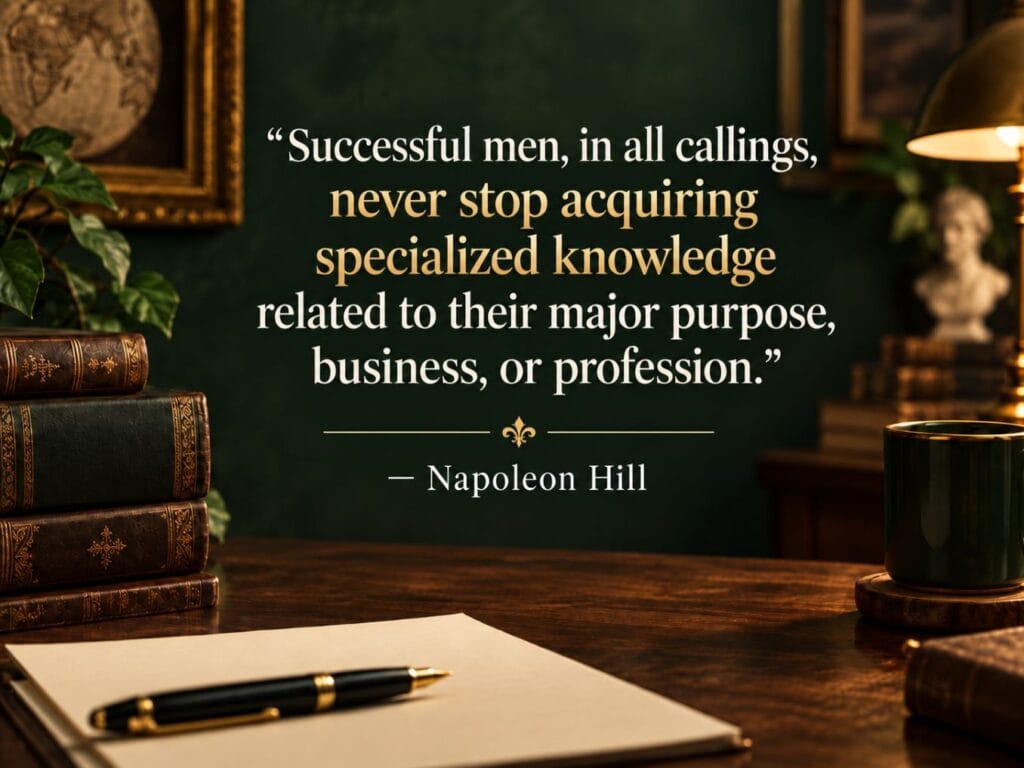 Napoleon Hill specialized knowledge quote infographic for a blog post about his books, learning, and personal development legacy