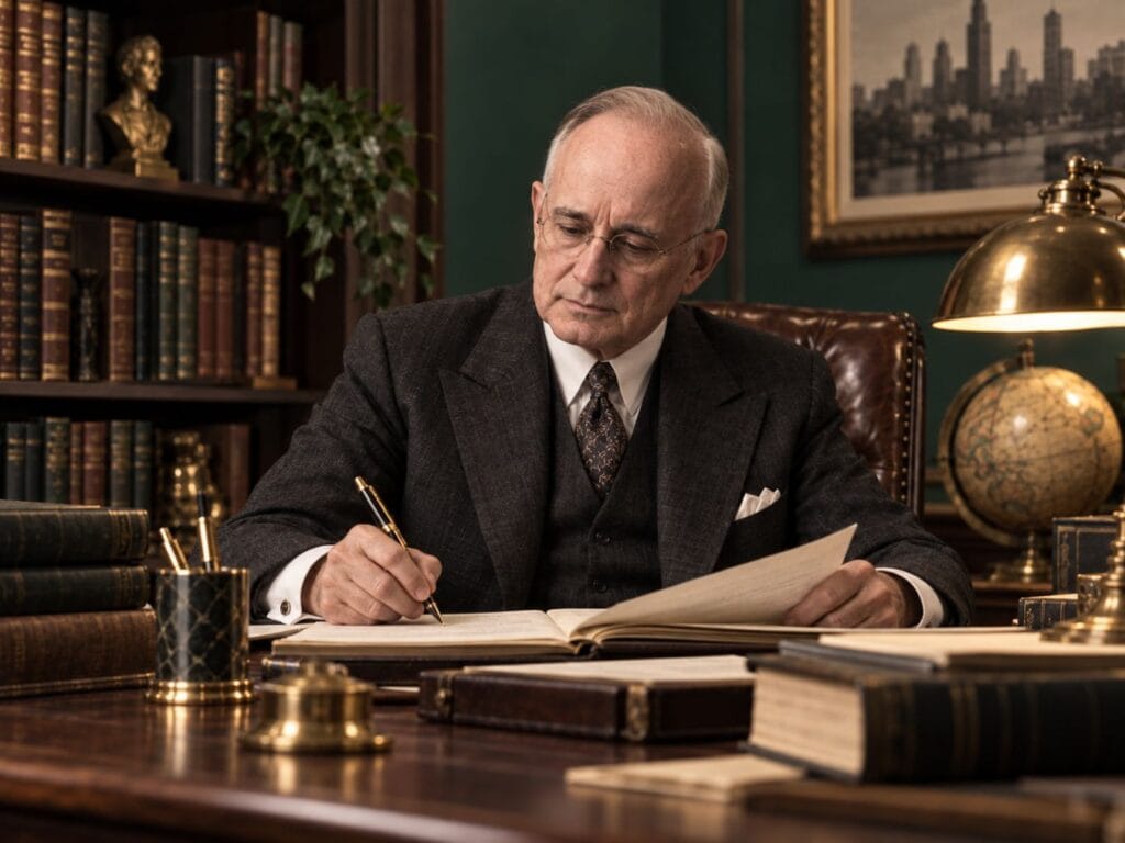 Napoleon Hill writing at a desk in a study for a blog post about his success story and personal development legacy