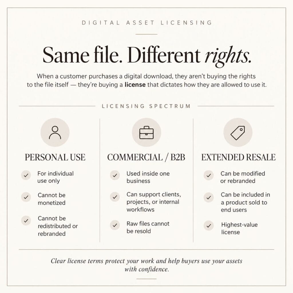 Niche digital products licensing graphic showing personal use, commercial B2B, and extended resale license options.
