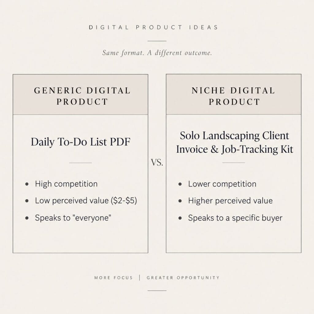 Niche digital products comparison graphic showing a generic digital product versus a niche digital product for a specific buyer.