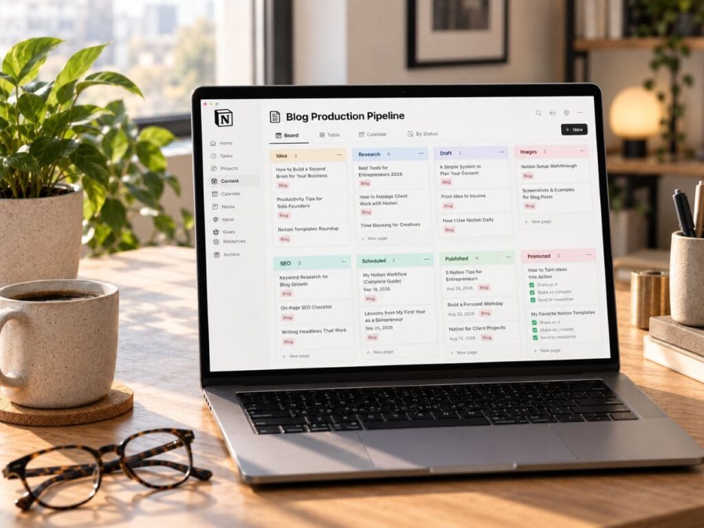 Notion for entrepreneurs blog production pipeline showing ideas research drafts images SEO scheduled published and promoted content