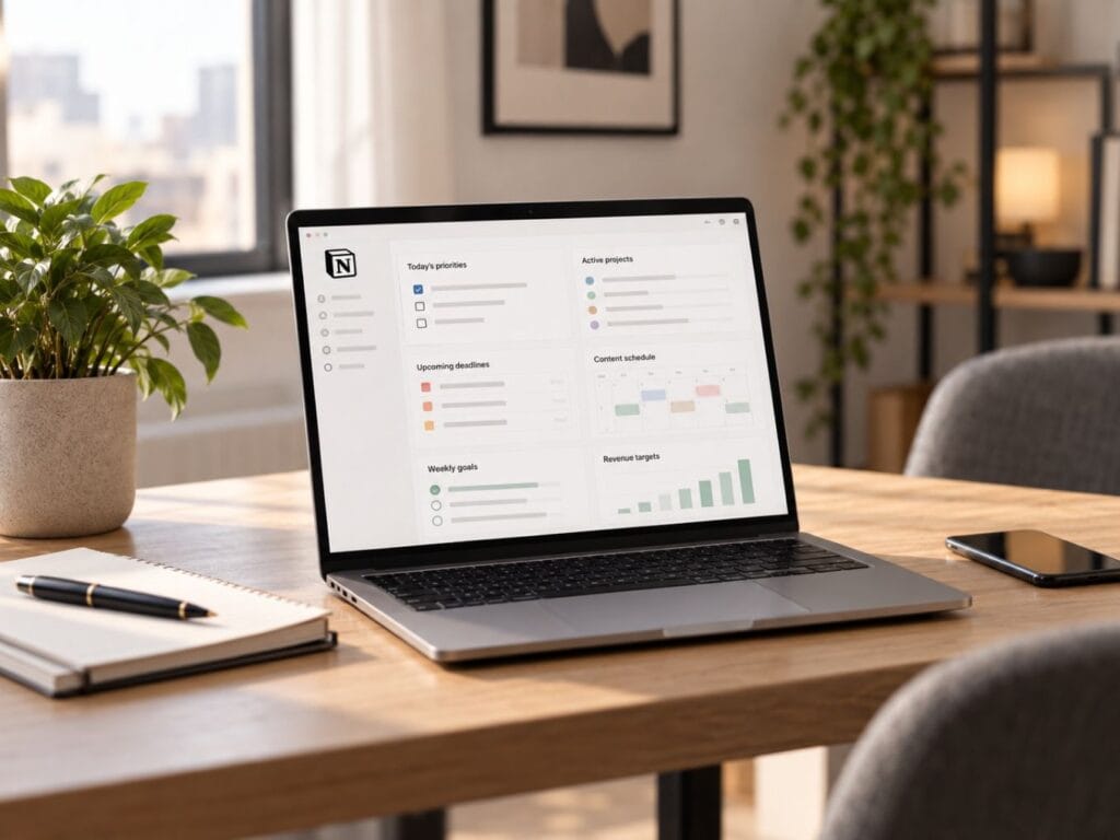 Notion for entrepreneurs business dashboard showing priorities projects deadlines content schedule and revenue goals