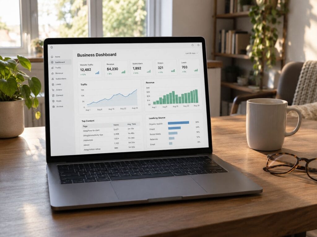 Notion for entrepreneurs business numbers dashboard showing website traffic revenue subscribers orders and leads