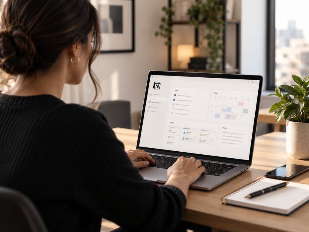 Woman using a Notion dashboard for entrepreneurs to manage tasks projects and business planning