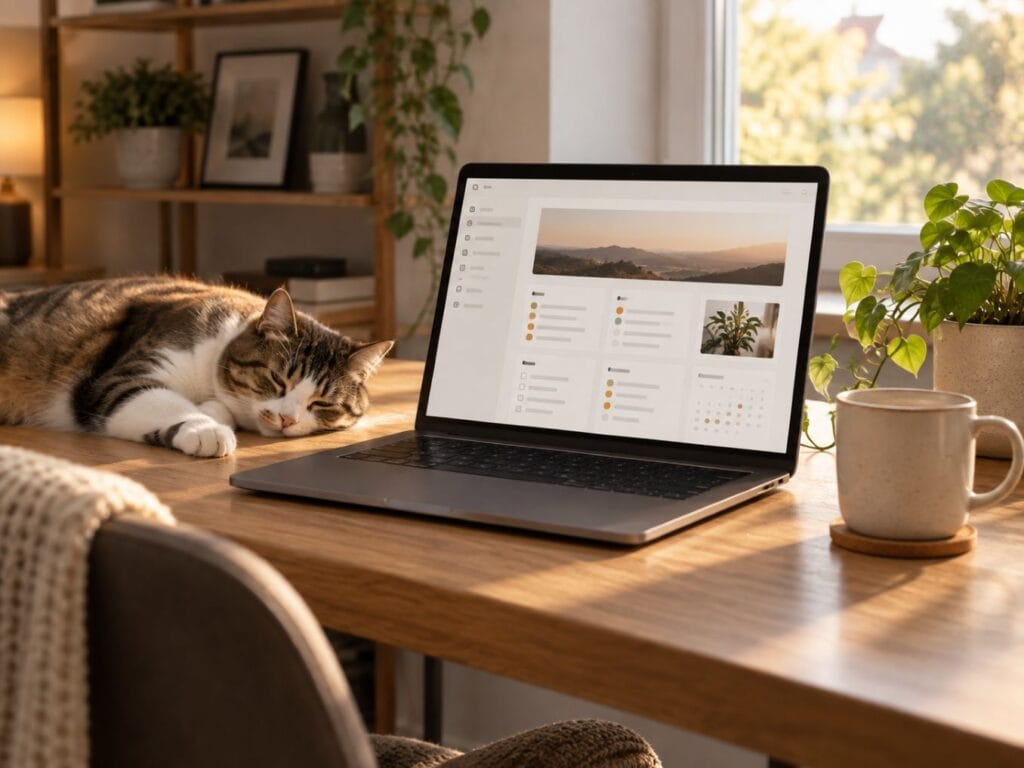 Notion for entrepreneurs organized workspace with laptop dashboard coffee plants and sleeping cat