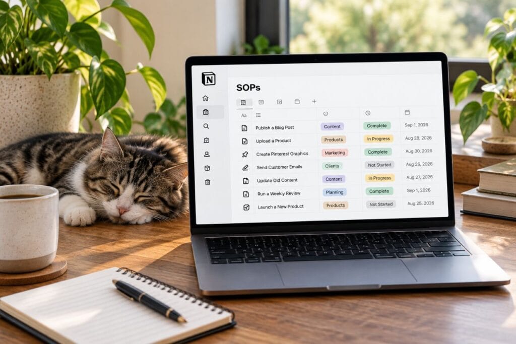Notion for entrepreneurs standard operating procedures dashboard with blog product marketing and weekly workflow tasks