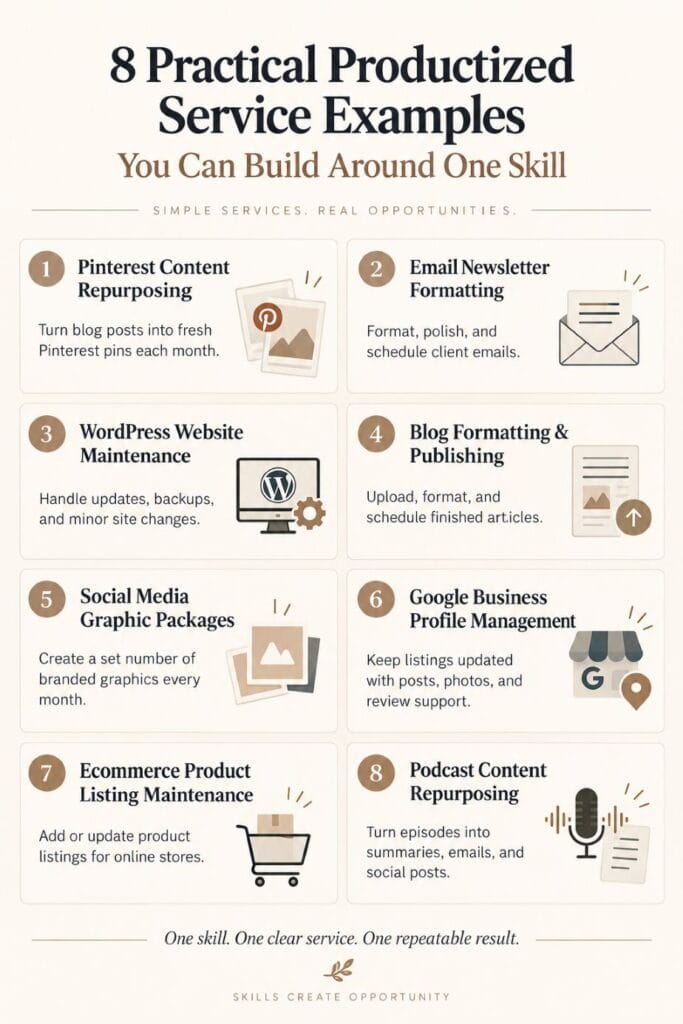 productized-service-examples-infographic Infographic showing 8 practical productized service examples you can build around one skill
