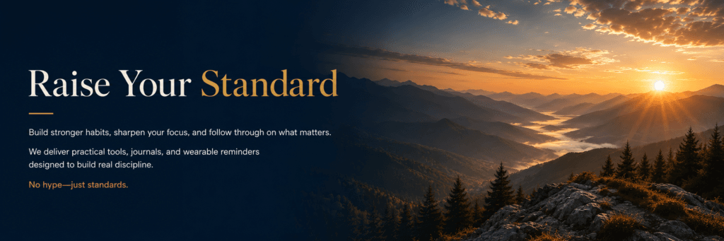 Raise Your Standard mountain sunrise banner for discipline and personal growth