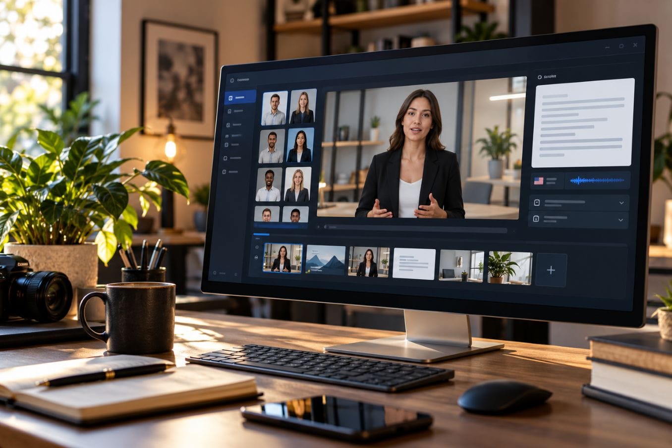 Entrepreneur using Synthesia for Entrepreneurs to create an AI presenter video on a desktop computer.