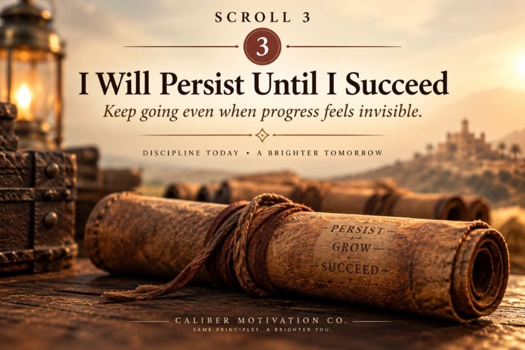 Scroll 3 from The Greatest Salesman in the World featuring the lesson I Will Persist Until I Succeed and a message about persistence