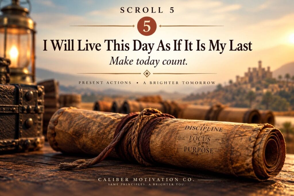 Scroll 5 from The Greatest Salesman in the World featuring I Will Live This Day As If It Is My Last and a reminder to make today count