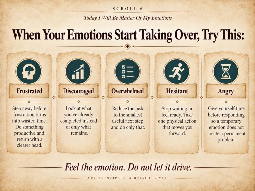Scroll 6 infographic from The Greatest Salesman in the World showing how to handle frustration, discouragement, overwhelm, hesitation, and anger