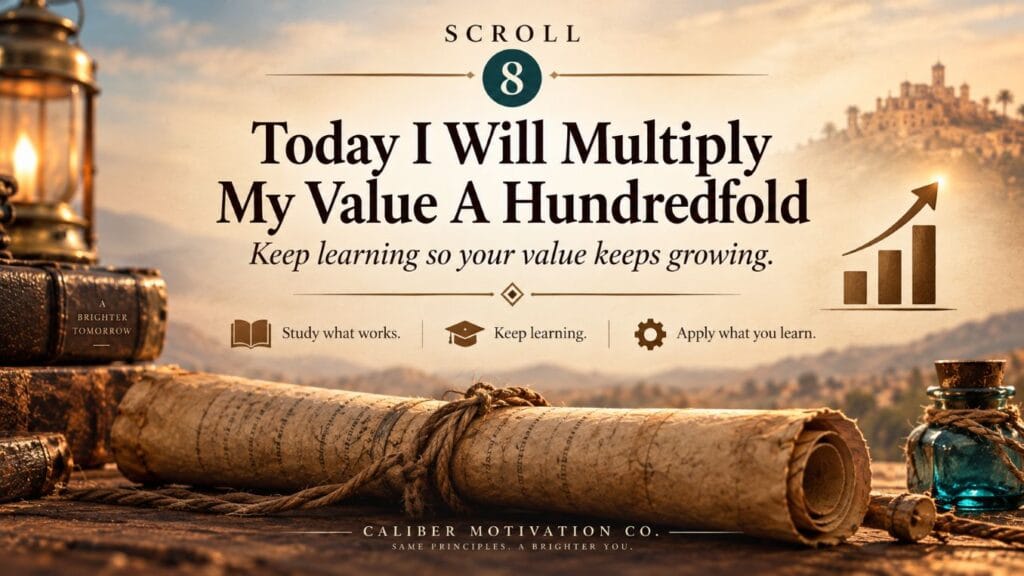 Scroll 8 from The Greatest Salesman in the World about multiplying your value through learning, growth, and applying what you learn
