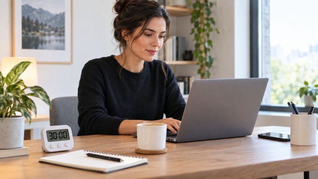 Focused woman working at a desk with a 30-minute timer, laptop, and coffee to illustrate The Now Habit work block method
