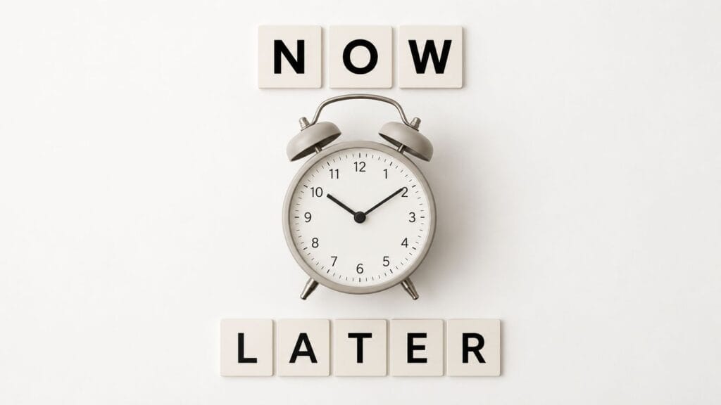 The Now Habit featured image showing a clock with now and later to represent procrastination and action