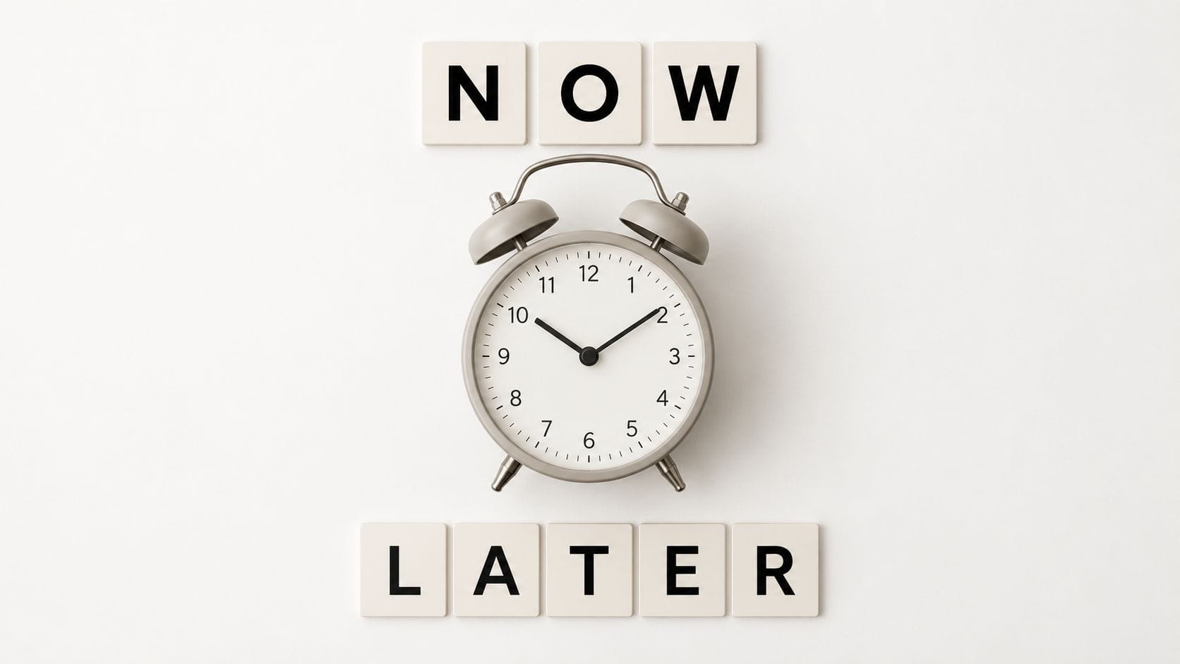 The Now Habit featured image showing a clock with now and later to represent procrastination and action