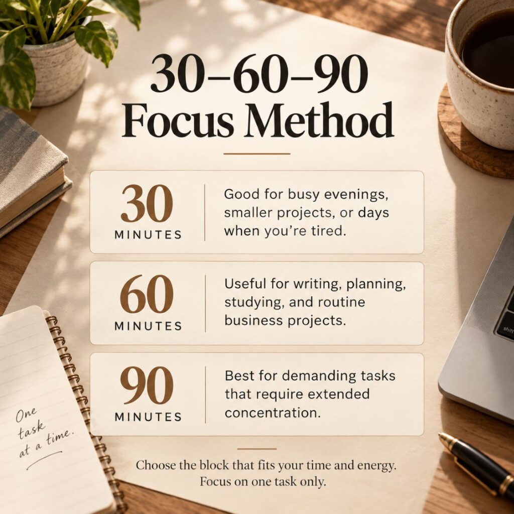 30-60-90-focus-method-productivity-infographic 30-60-90 Focus Method productivity infographic showing 30, 60, and 90 minute deep work blocks and when to use each one.