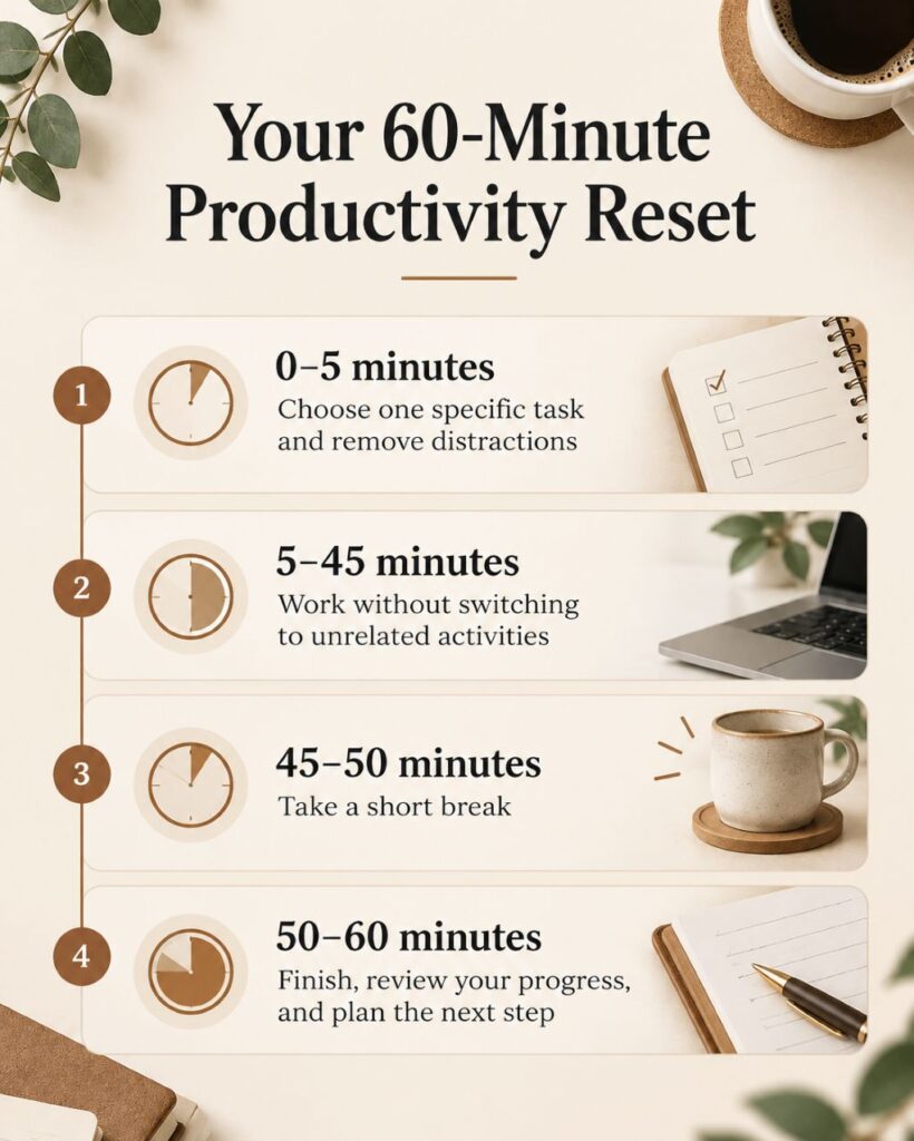 60-minute-productivity-reset-infographic 60-minute productivity reset infographic showing a four-step focus plan with time blocks for choosing a task, focused work, a short break, and reviewing progress.