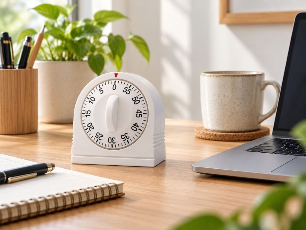 White 60-minute wind-up timer sitting on a wooden desk beside a notebook, pen, coffee mug, laptop, and potted plant in a bright workspace.